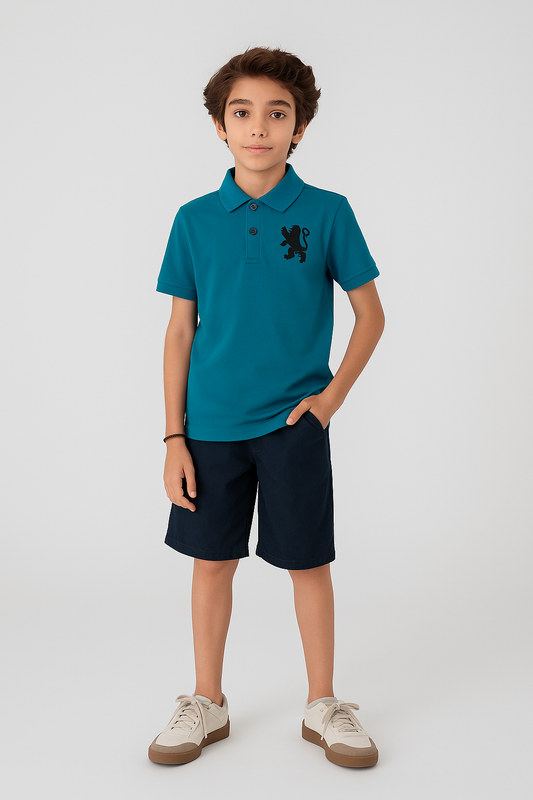 This is a teal polo shirt designed for boys.