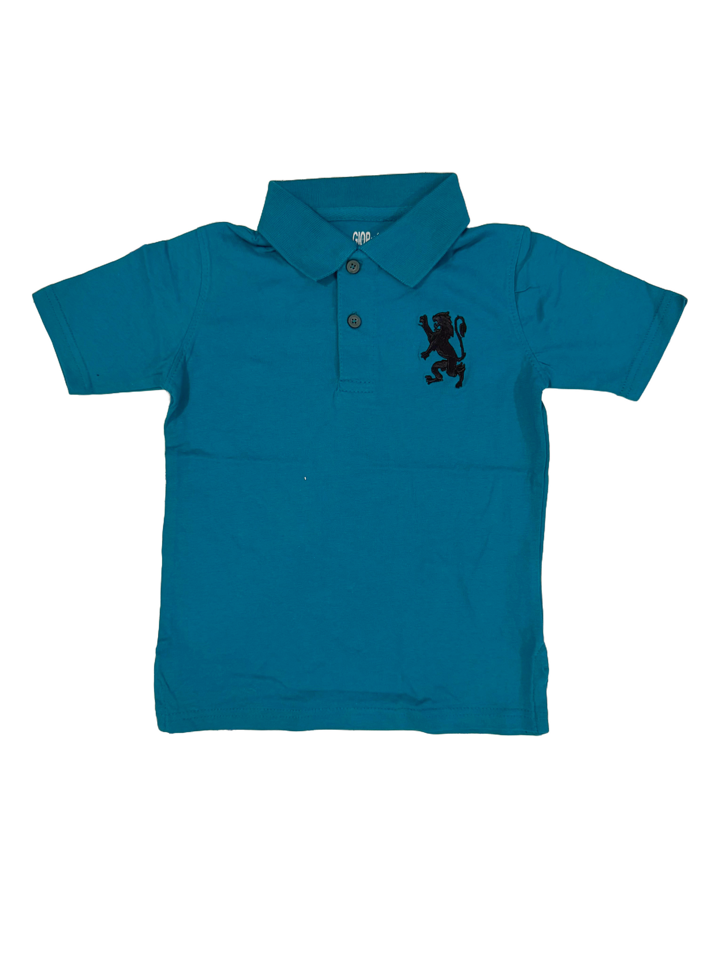 This is a teal polo shirt designed for boys.
