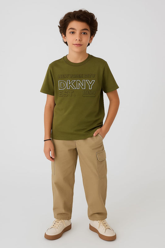 DKNY Olive Green Embossed Logo Cotton T-Shirt