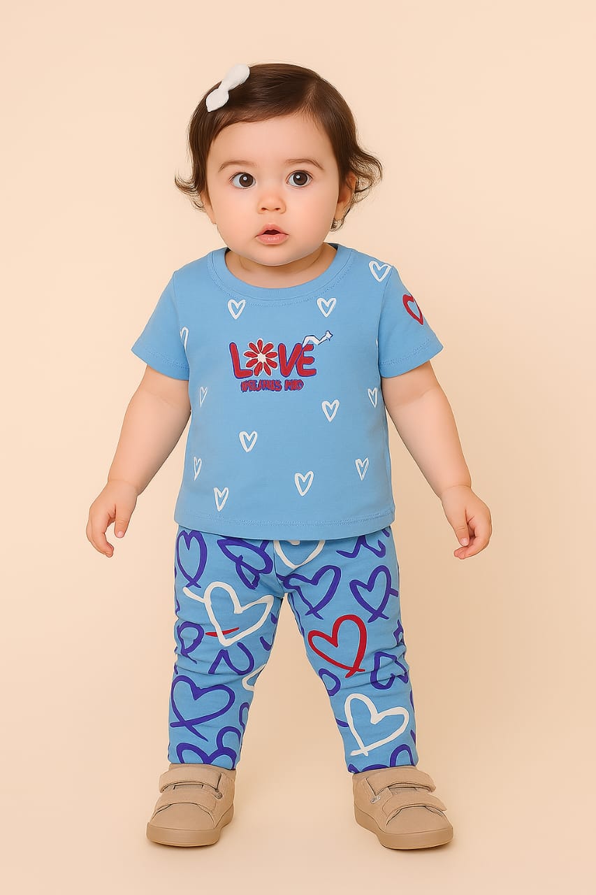 Toddler Girl's Blue Heart Print Outfit