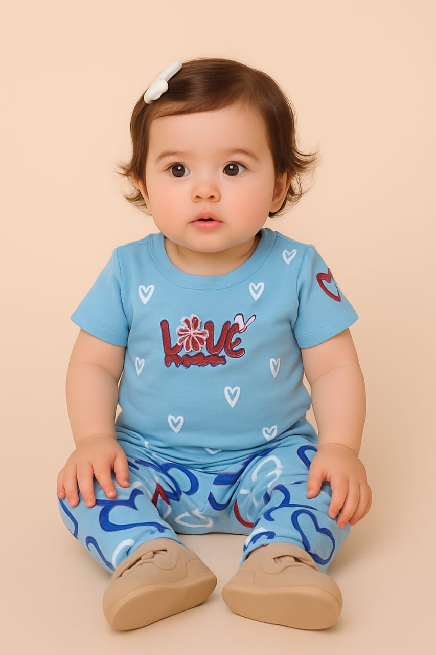 Toddler Girl's Blue Heart Print Outfit