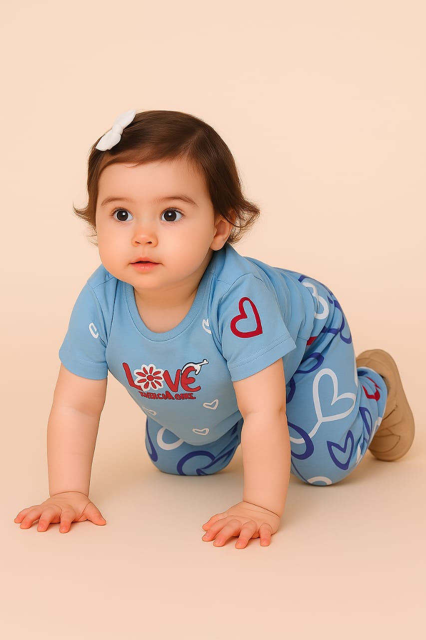 Toddler Girl's Blue Heart Print Outfit